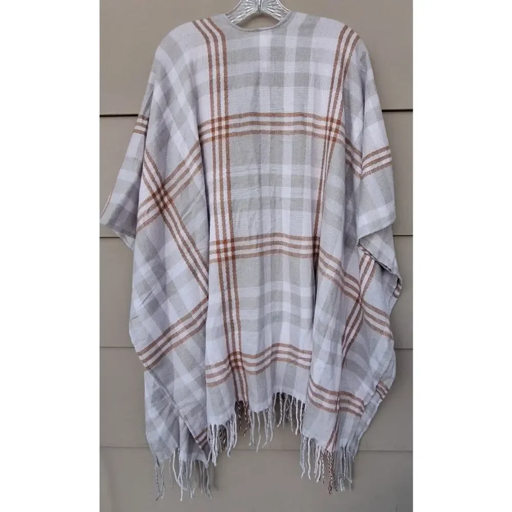 Three Dots Viscose Cashmere Plaid Gray Tan Wrap Shawl Open Poncho O/S $98